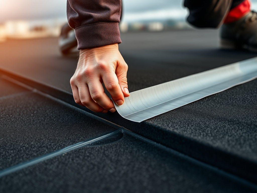 Technician applying reinforced seam tape to an EPDM rubber roof membrane